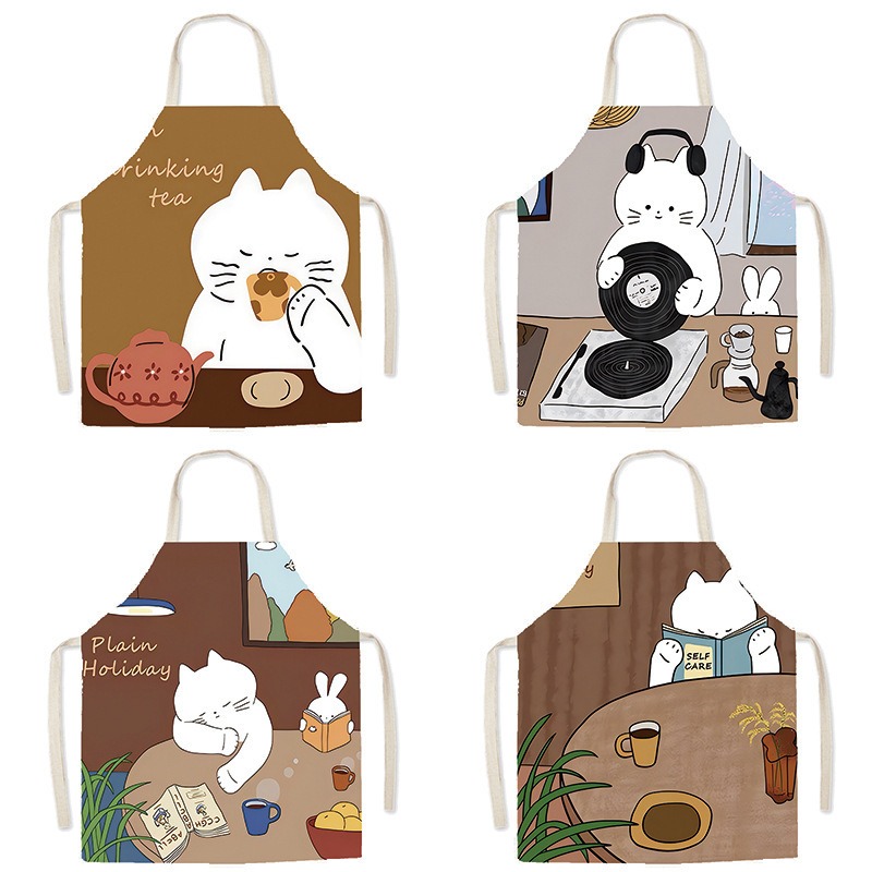 Home Cooking Cafe - Celemek Cetak Kucing Putih Lucu, Nyaman